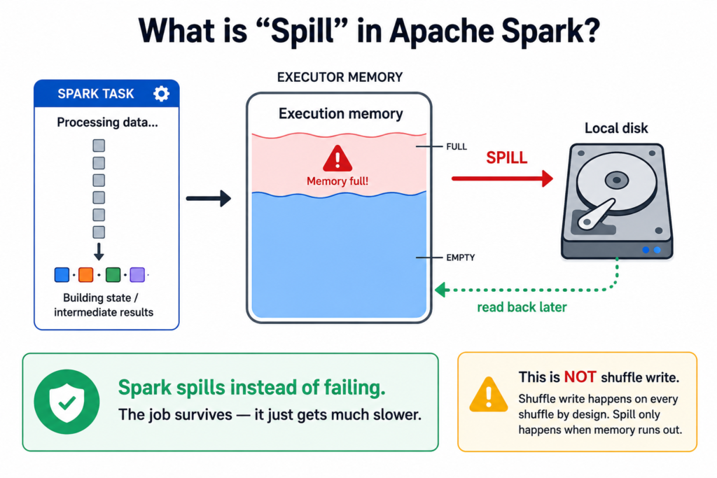 Diagram showing a Spark task processing data in executor memory until the memory fills up, at which point the overflow is written to local disk and read back later
