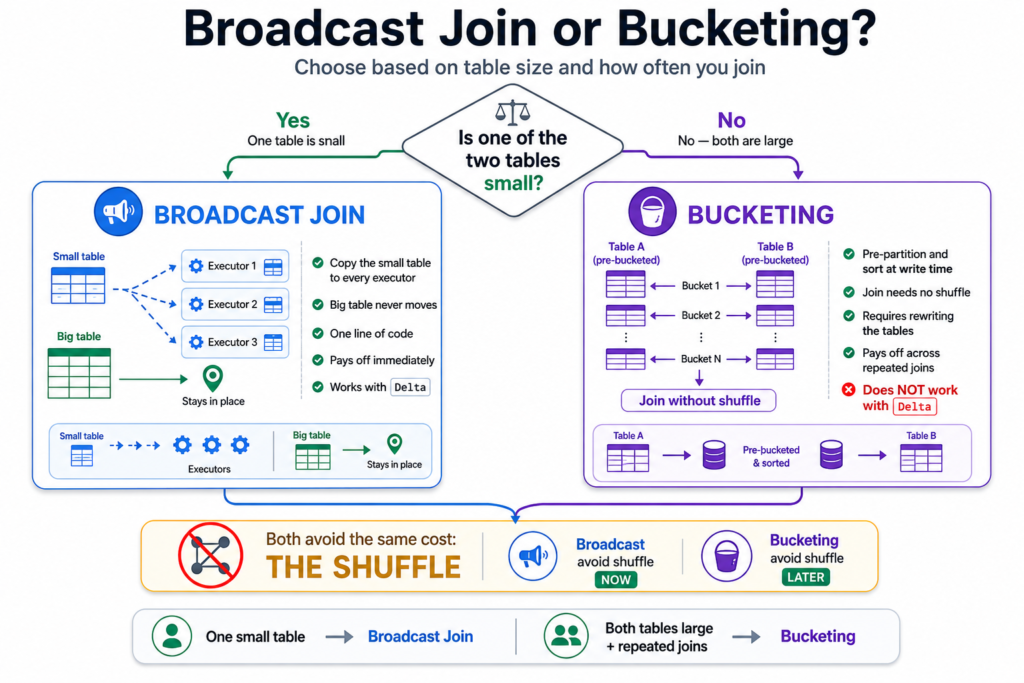 Decision diagram showing that a Spark join with one small table should use a broadcast join while a join between two large tables should use bucketing to avoid the shuffle