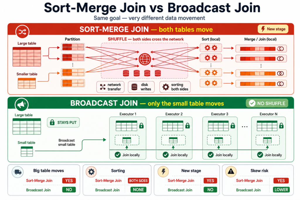 Comparison diagram showing a sort-merge join shuffling both tables across the network against a broadcast join where the small table is copied to every executor and the large table never moves