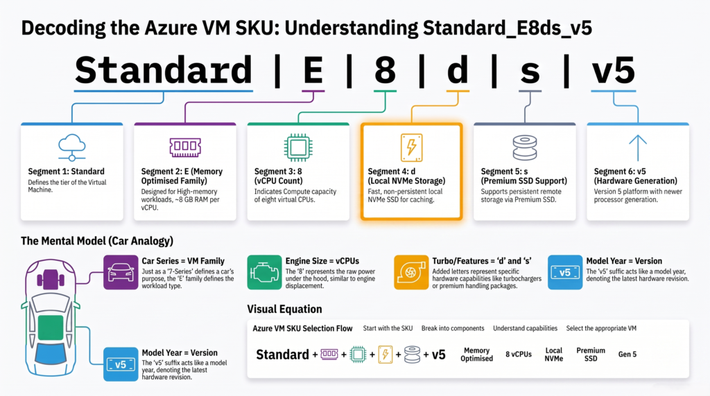 Breakdown of the Azure VM name Standard_E8ds_v5 showing the family letter E for memory optimized, the vCPU count, the d for a local NVMe disk, the s for premium SSD remote disks and the v5 hardware generation