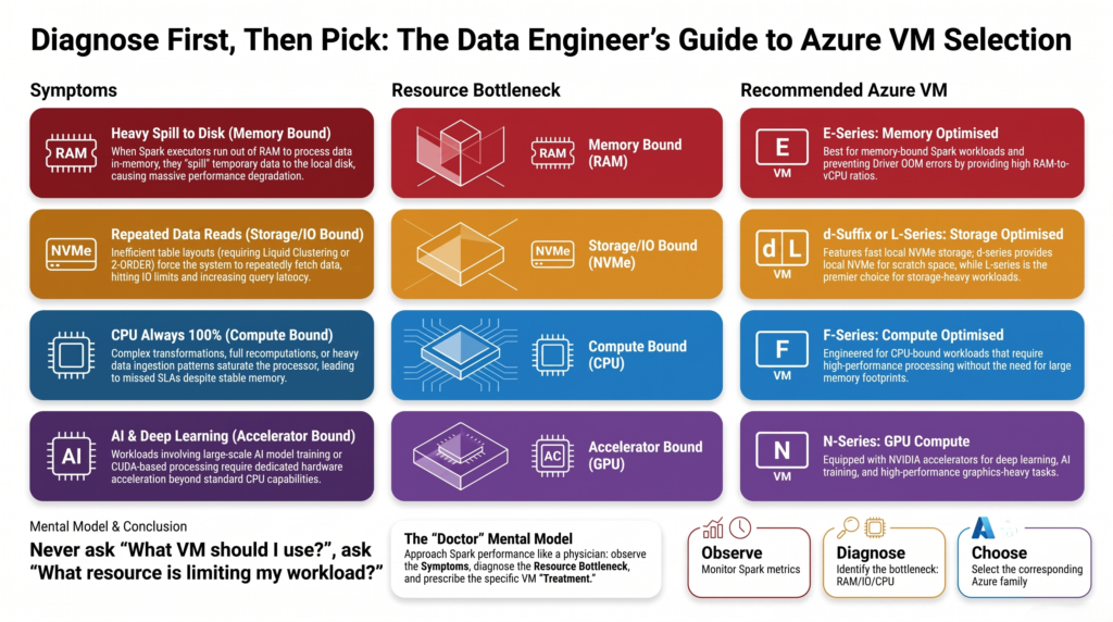 Guide mapping four Spark bottlenecks — memory spill, repeated remote reads, CPU saturation and GPU work — to the matching Azure VM families E, D with local NVMe, F and N