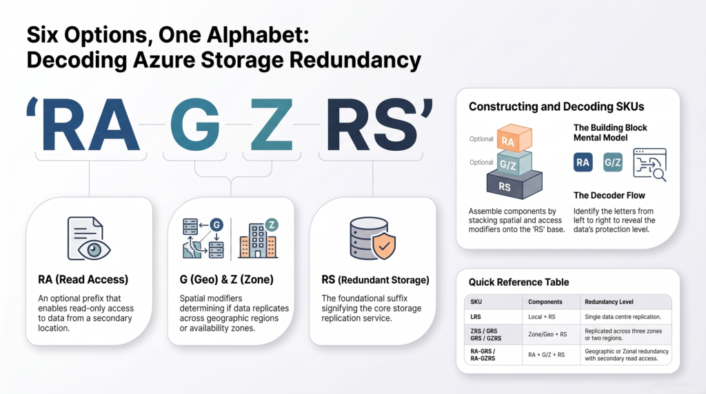 Decoder breaking the Azure Storage redundancy acronyms LRS, ZRS, GRS, GZRS and RA-GZRS into their letters, showing L for local datacenter, Z for availability zones, G for a second region and RA for read access to the secondary