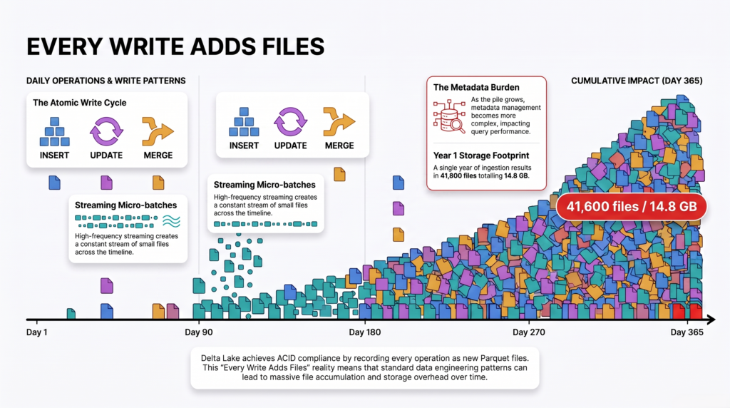 Diagram showing how inserts, updates, MERGE operations and streaming micro-batches each add new files to a table over time until it contains thousands of very small files
