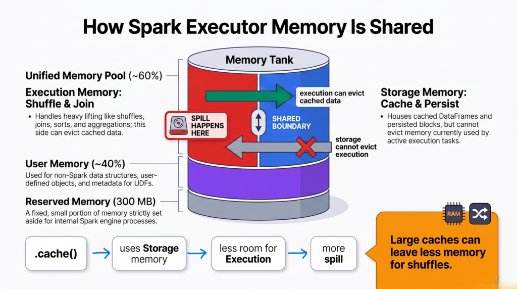 Diagram of Spark executor memory divided into reserved memory, user memory, and a unified pool shared between execution memory and storage memory, showing that execution memory is the region that spills