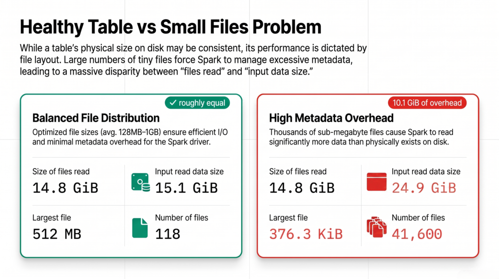 Comparison of Spark UI scan metrics for a healthy table where input read size matches file size against a table with the small files problem where input read size is much larger