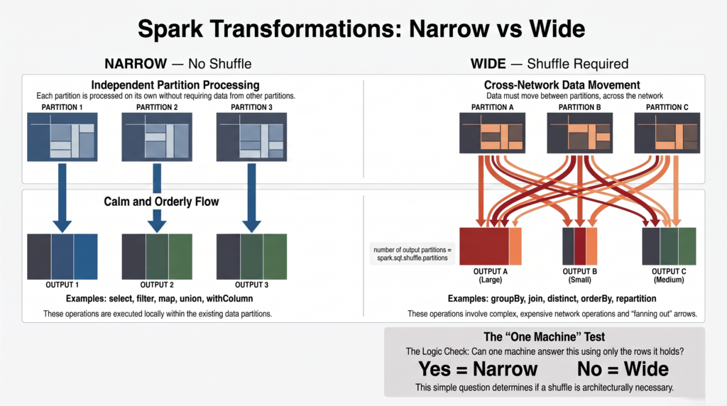 Diagram comparing a narrow transformation where each Spark partition is processed independently with no data movement against a wide transformation where data is redistributed across partitions over the network