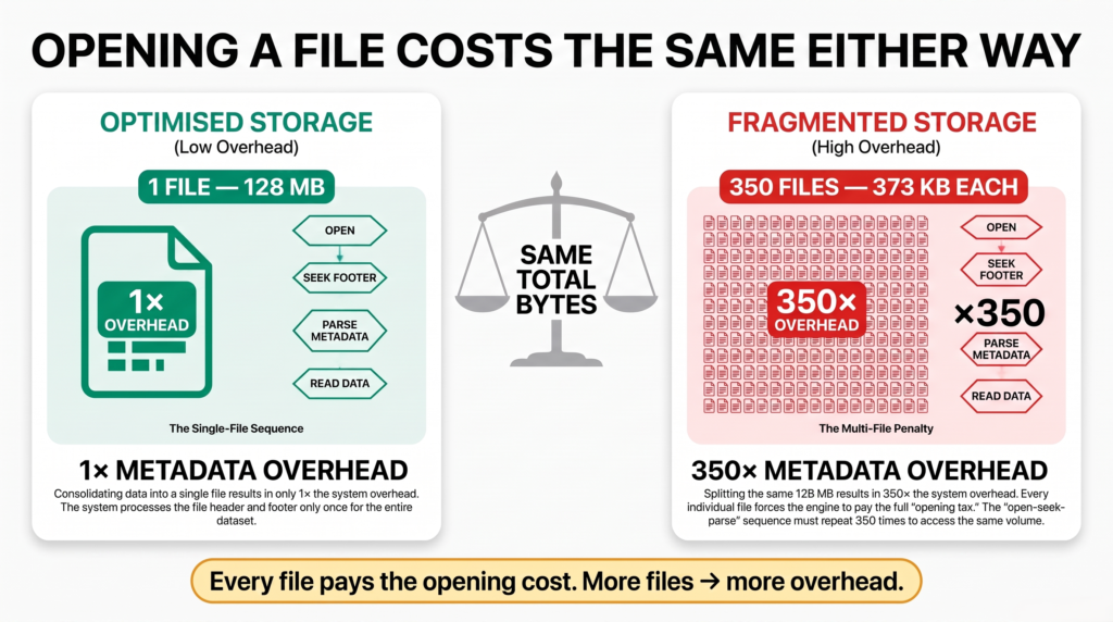 Comparison showing the fixed per-file cost of opening a Parquet file and reading its footer repeated across thousands of small files versus a few large files