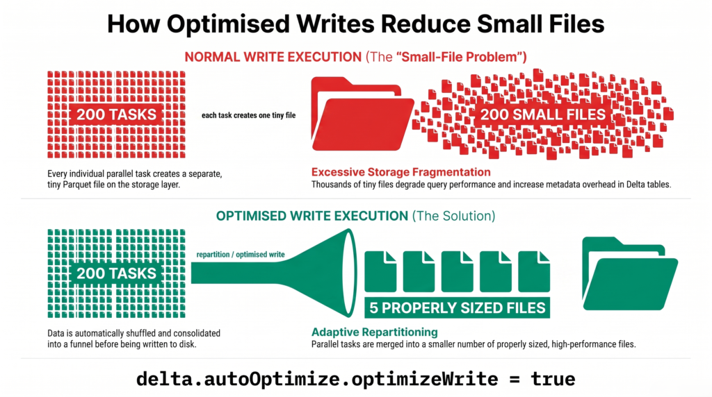 Diagram comparing a normal Spark write producing one small file per task against an optimized write that repartitions data first to produce fewer larger files
