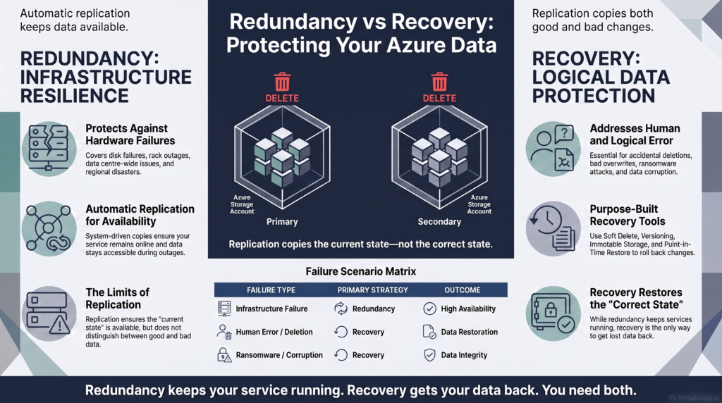 Comparison showing that Azure Storage redundancy protects against hardware failures but not against accidental deletion, bad overwrites or ransomware, which require soft delete, versioning and immutable storage instead