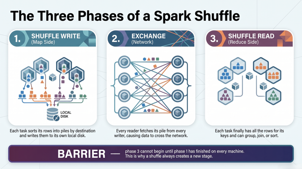 Three phase diagram of a Spark shuffle showing shuffle write to local disk on the map side, network exchange between executors, and shuffle read on the reduce side