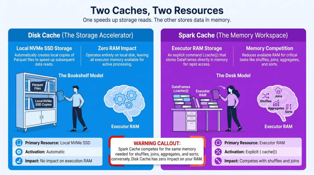 Comparison of Databricks disk cache stored on local NVMe versus Spark cache stored in executor memory, showing what each one holds and which competes with shuffle memory
