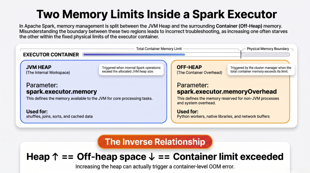 Diagram of a Spark executor container showing the JVM heap governed by spark.executor.memory alongside off-heap memory used by Python workers and native libraries governed by memoryOverhead