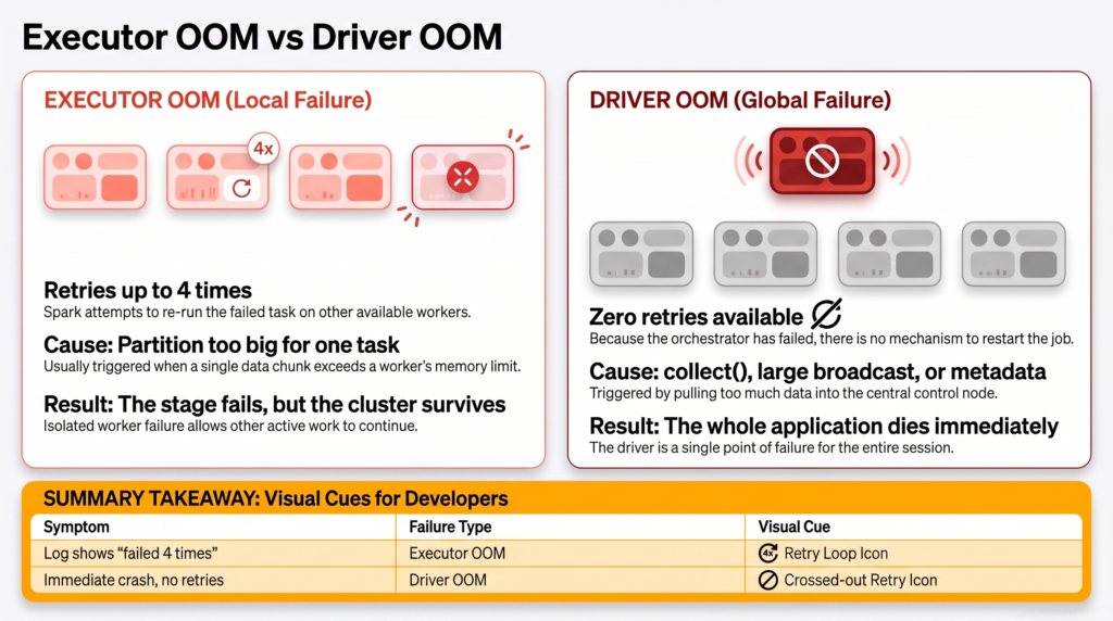 Comparison diagram showing executor out of memory failing a task on a worker machine with retries, against driver out of memory which ends the whole Spark application immediately